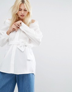 Oversize-блузка с открытыми плечами и завязкой на талии J.O.A - Белый J.O.A.