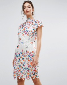 Кружевное платье-футляр с открытой спиной и цветочной аппликацией в стиле 3D Amy Lynn - Белый