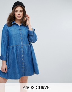 Свободное джинсовое платье-рубашка синего выбеленного цвета ASOS CURVE - Синий