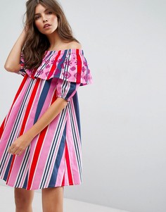 Платье в полоску с оборкой и открытыми плечами ASOS - Мульти