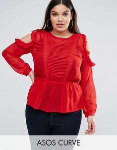 Блузка с открытыми плечами, оборками, защипами и кружевом ASOS CURVE - Оранжевый