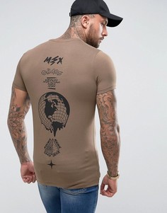 Длинная обтягивающая футболка с принтом на спине ASOS - Коричневый