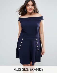 Короткое приталенное платье из крепа с открытыми плечами и пуговицами Club L - Темно-синий