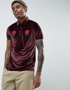 Велюровая футболка-поло с вышитыми розами ASOS - Красный