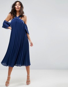Плиссированное платье миди с открытыми плечами ASOS - Темно-синий