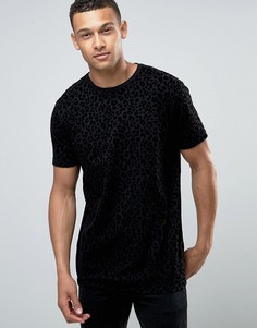 Удлиненная футболка с флоковым леопардовым узором ASOS - Черный