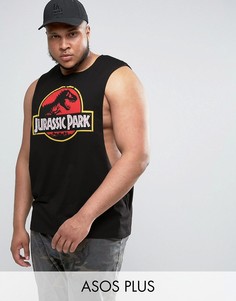 Футболка без рукавов с заниженными проймами и принтом Jurassic Park ASOS PLUS - Черный