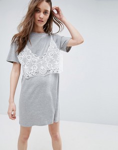 Платье-футболка с кружевным бралеттом ASOS - Серый