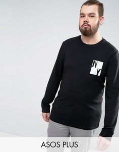 Удлиненный лонгслив с принтом New York на груди ASOS PLUS - Черный