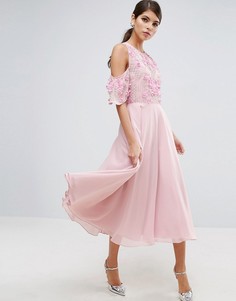 Приталенное платье миди с цветочной отделкой на лифе и открытыми плечами ASOS - Мульти
