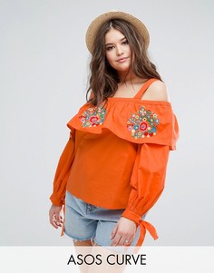 Хлопковый топ с открытыми плечами и вышивкой ASOS CURVE - Оранжевый