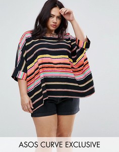Oversize-футболка в полоску с V-образным вырезом на спине ASOS CURVE - Мульти