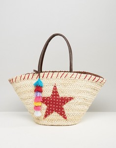 Плетеная пляжная сумка с помпонами и звездой Chateau - Бежевый