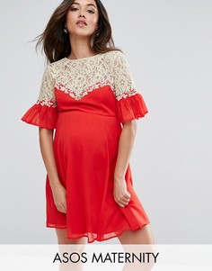 Короткое приталенное платье с кружевной кокеткой ASOS Maternity - Красный