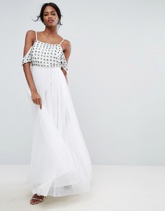 Платье макси с открытыми плечами, цветочной отделкой и юбкой из тюля ASOS - Белый