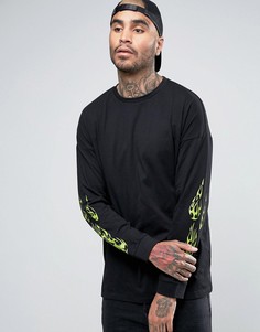 Oversize-лонгслив с принтом огонь на рукавах ASOS - Черный
