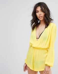 Ромпер из жатого хлопка с запахом PrettyLittleThing - Желтый