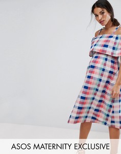 Платье миди в клетку с открытыми плечами ASOS Maternity - Мульти