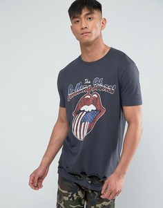 Выбеленная футболка с принтом Rolling Stones и рваной отделкой ASOS - Серый