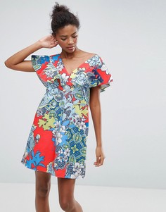 Структурированное платье с оборками и цветочно-плиточным принтом ASOS - Мульти
