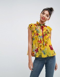 Желтая блузка без рукавов с цветочным принтом и рюшами ASOS - Мульти