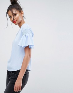 Футболка с оборками на рукавах ASOS - Синий