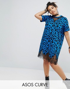 Платье-футболка с кружевными вставками и леопардовым принтом ASOS CURVE - Мульти