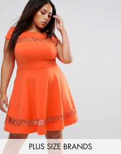 Короткое приталенное платье с короткими рукавами и сетчатыми вставками Club L Plus - Оранжевый