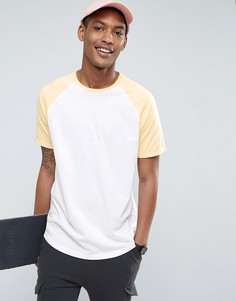 Длинная белая футболка с контрастными желтыми рукавами реглан ASOS - Белый