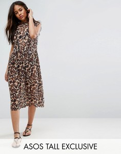 Свободное сетчатое платье с анималистическим принтом ASOS TALL - Коричневый
