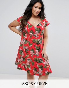 Чайное платье на пуговицах с тропическим принтом ASOS CURVE - Мульти