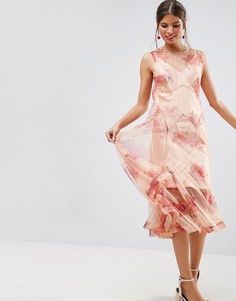 Сетчатое платье миди с цветочным принтом и юбкой годе ASOS SALON - Розовый