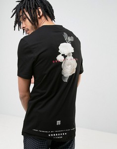 Удлиненная футболка с принтом роз и текстом по краю сзади ASOS - Черный