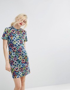 Белое платье с принтом сердец Love Moschino - Темно-синий