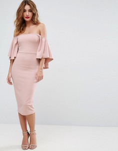 Платье миди с открытыми плечами и рукавами клеш ASOS - Розовый