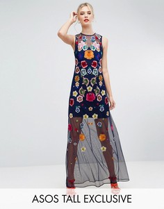 Сетчатое платье макси с вышивкой ASOS TALL - Мульти