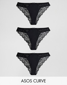 3 бразильских трусиков из микрофибры и кружева ASOS CURVE - Черный