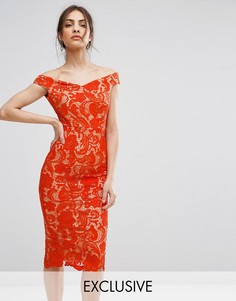 Кружевное платье-футляр миди с открытыми плечами Boohoo - Красный