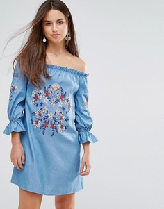 Джинсовое платье с открытыми плечами и вышивкой Parisian - Синий
