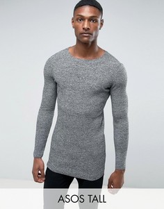 Черно-белый длинный облегающий джемпер из меланжа в рубчик ASOS TALL - Серый