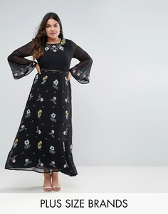 Платье макси с цветочной вышивкой и рукавами клеш Frock And Frill Plus - Черный