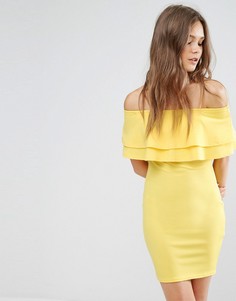 Облегающее платье с оборкой и широким вырезом New Look - Желтый