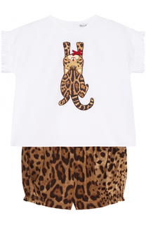 Хлопковый комплект из футболки и шорт с леопардовым принтом Dolce &amp; Gabbana