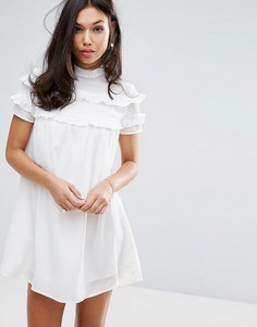 Платье с высоким воротом и двойными оборками Fashion Union - Белый