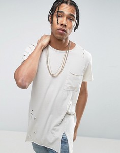 Длинная футболка овсяного цвета с рваной отделкой New Look - Кремовый