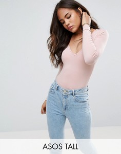 Боди с V-образным вырезом, длинными рукавами и стрингами ASOS TALL - Розовый