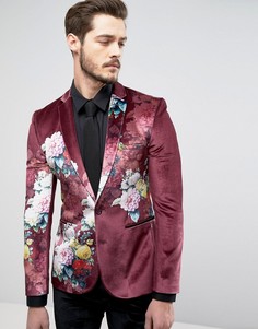 Супероблегающий пиджак из бордового бархата с цветочным принтом ASOS - Красный