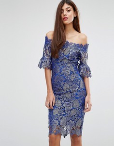Кружевное платье миди с широким вырезом Paperdolls - Синий