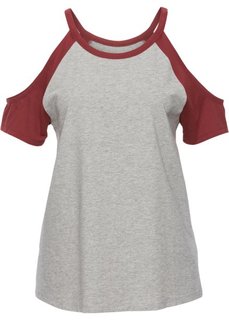 Двухцветная футболка с вырезами (светло-серый меланж/красный каштан) Bonprix