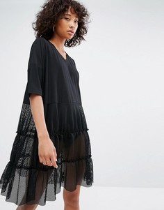 Платье с V-образным вырезом и сетчатой юбкой Noisy May - Черный